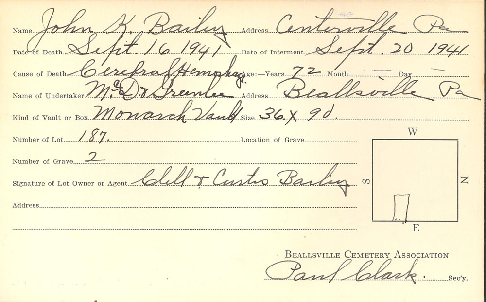 John K Bailey burial card